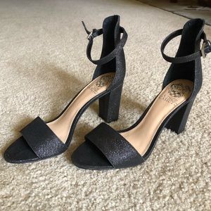 NEVER WORN Vince Camuto Black Glitter Strap Block Heels Sandals 7.5 BNWOB